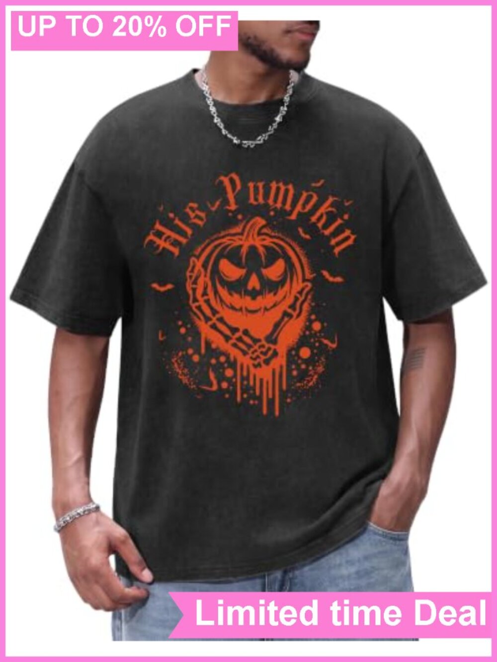 Vintage Washed Pumpkin Skull Graphic T-Shirt 100% Cotton Oversized